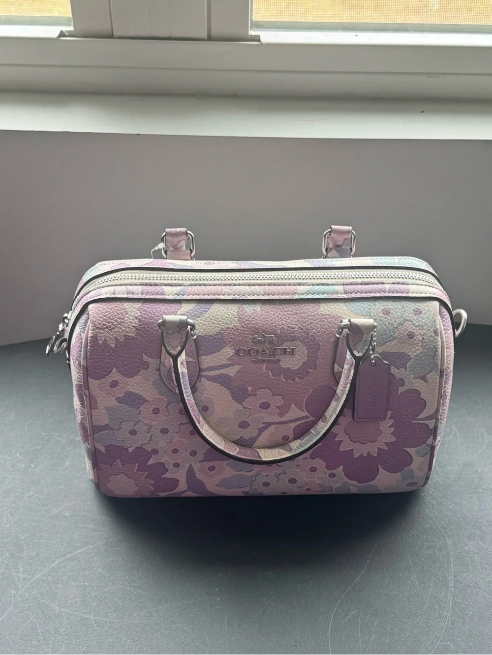 COACH Signature Canvas Satchel Wallet Set w/ Floral Print In Silver/Ivory/Purple - Picture 3 of 9